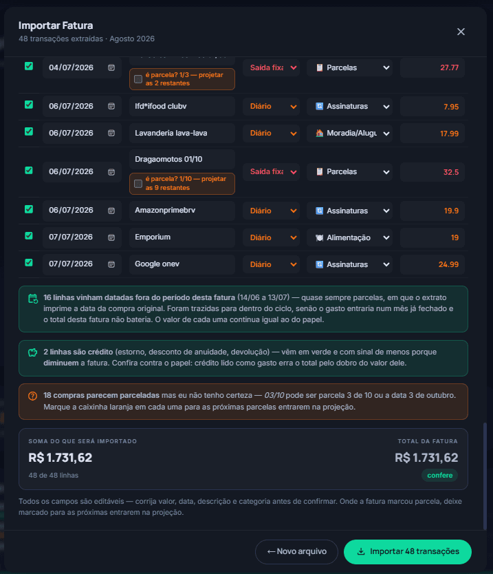 Continuação da revisão, com as parcelas detectadas e as categorias sugeridas para cada compra