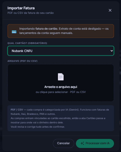 Tela de importação com o arquivo da fatura carregado e o botão para processar